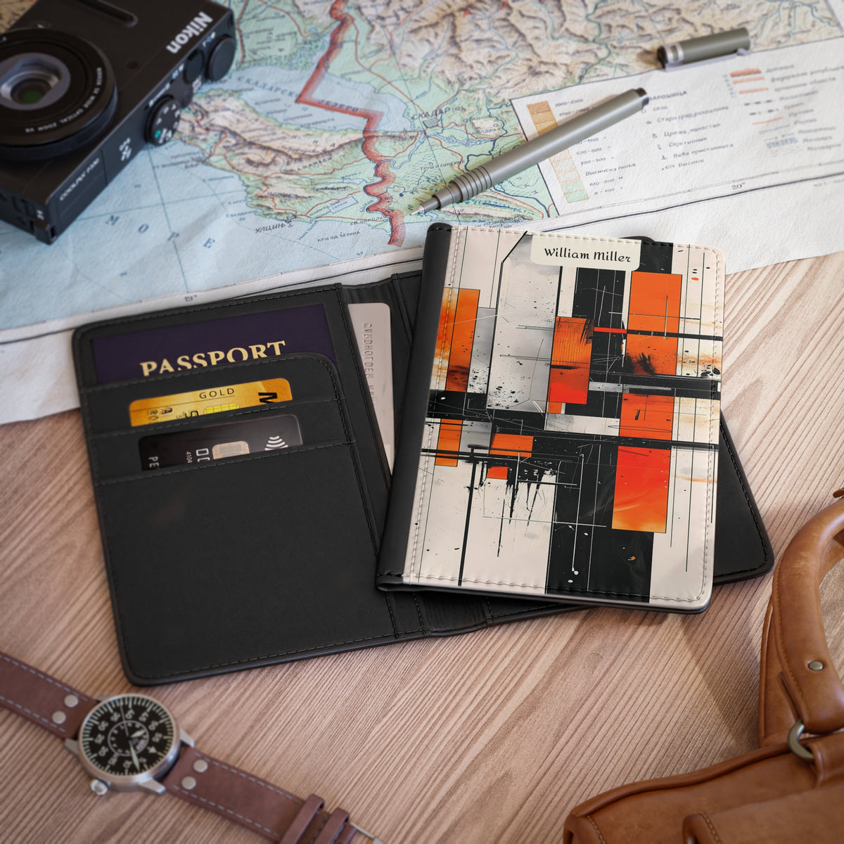 Abstract Orange Geometric Passport Cover — Personalized Name Travel Wallet