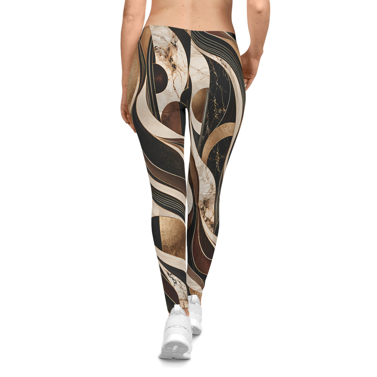 Luxury Marble Leggings – Black, Brown & Gold Abstract Print