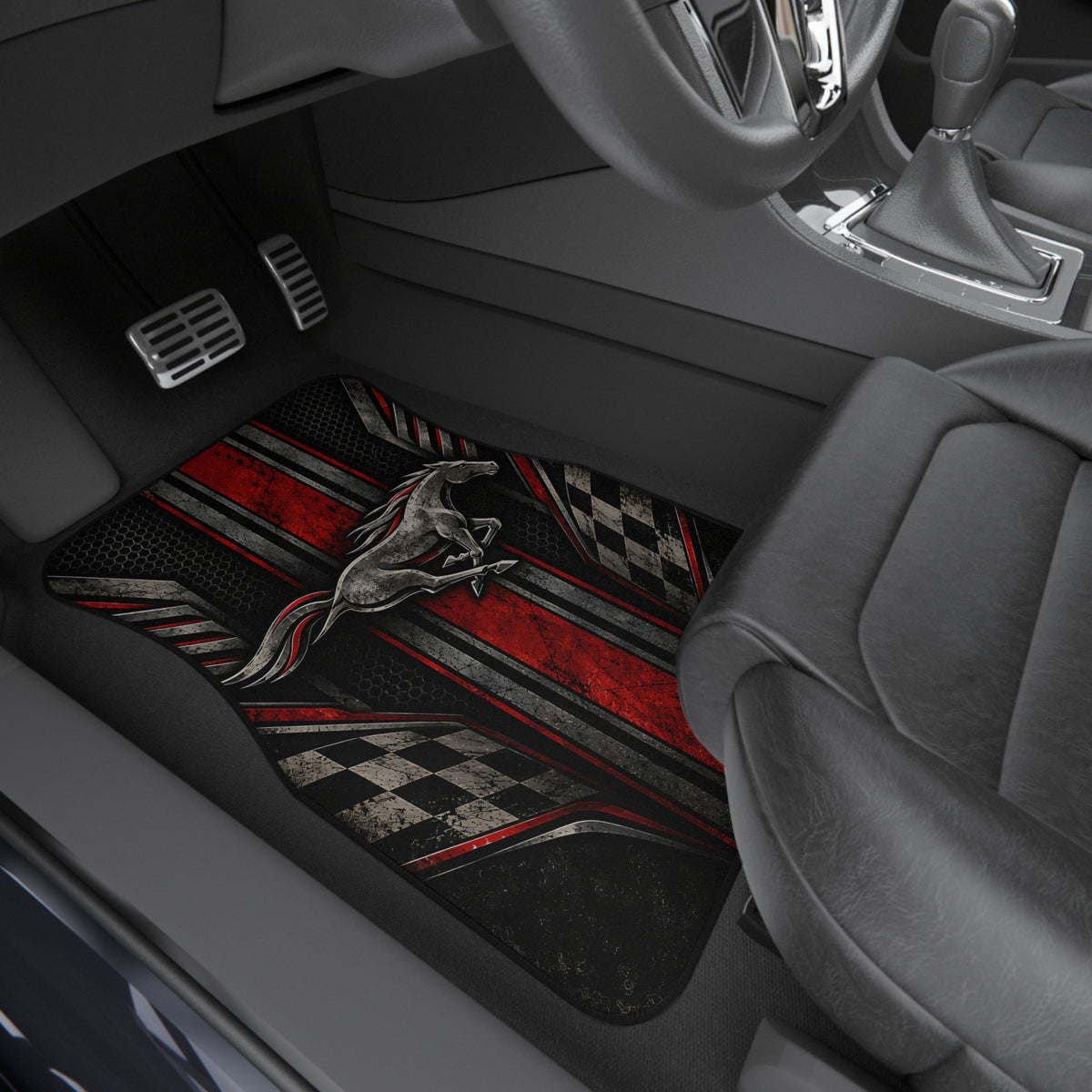 Wild Horse Racing Car Floor Mats – Red & Black 4-Piece Set