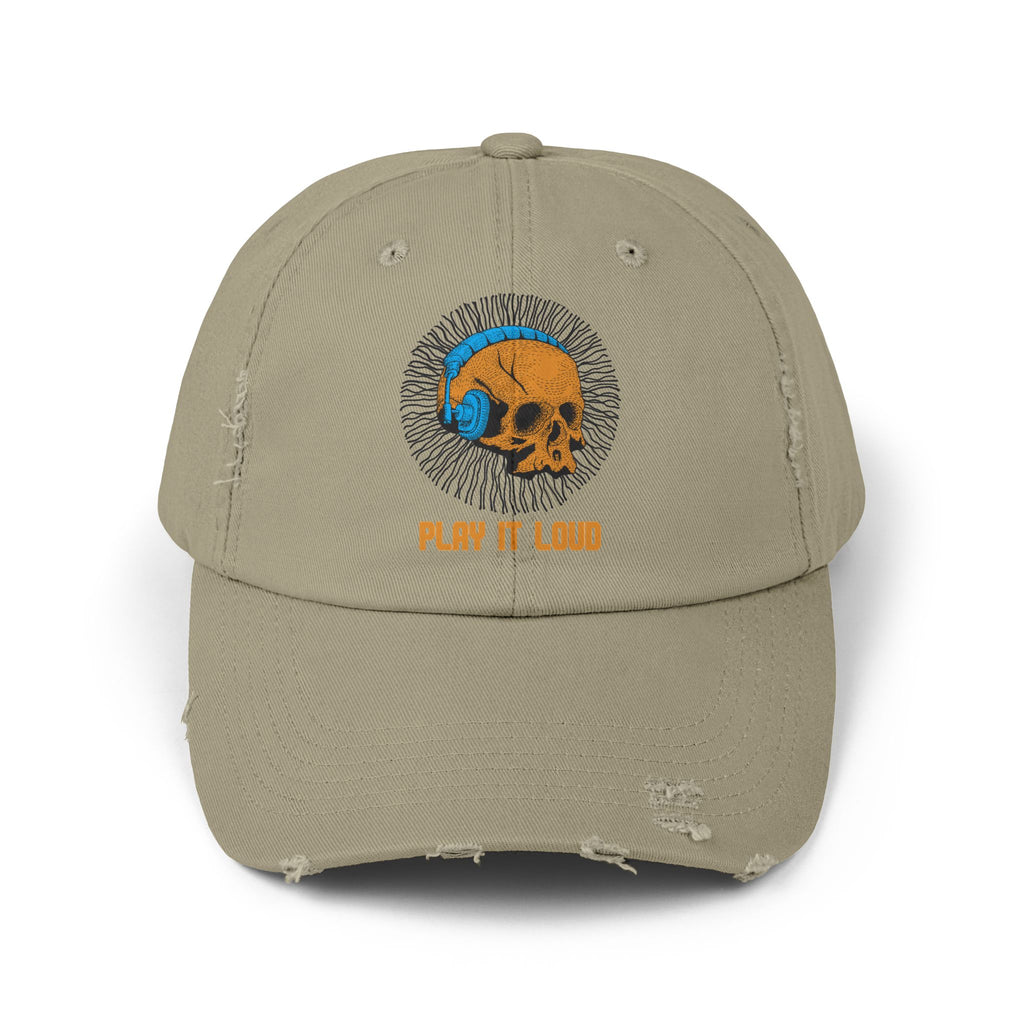 Play It Loud Skull Distressed Cap – Music Lover Graphic Baseball Hat