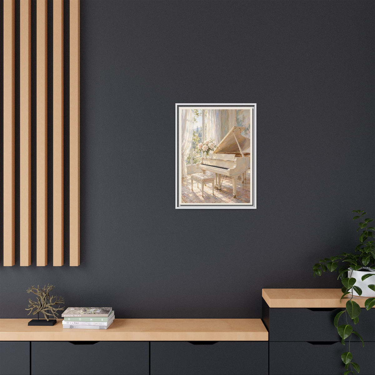 White Grand Piano Framed Canvas – Elegant Music Room Wall Art