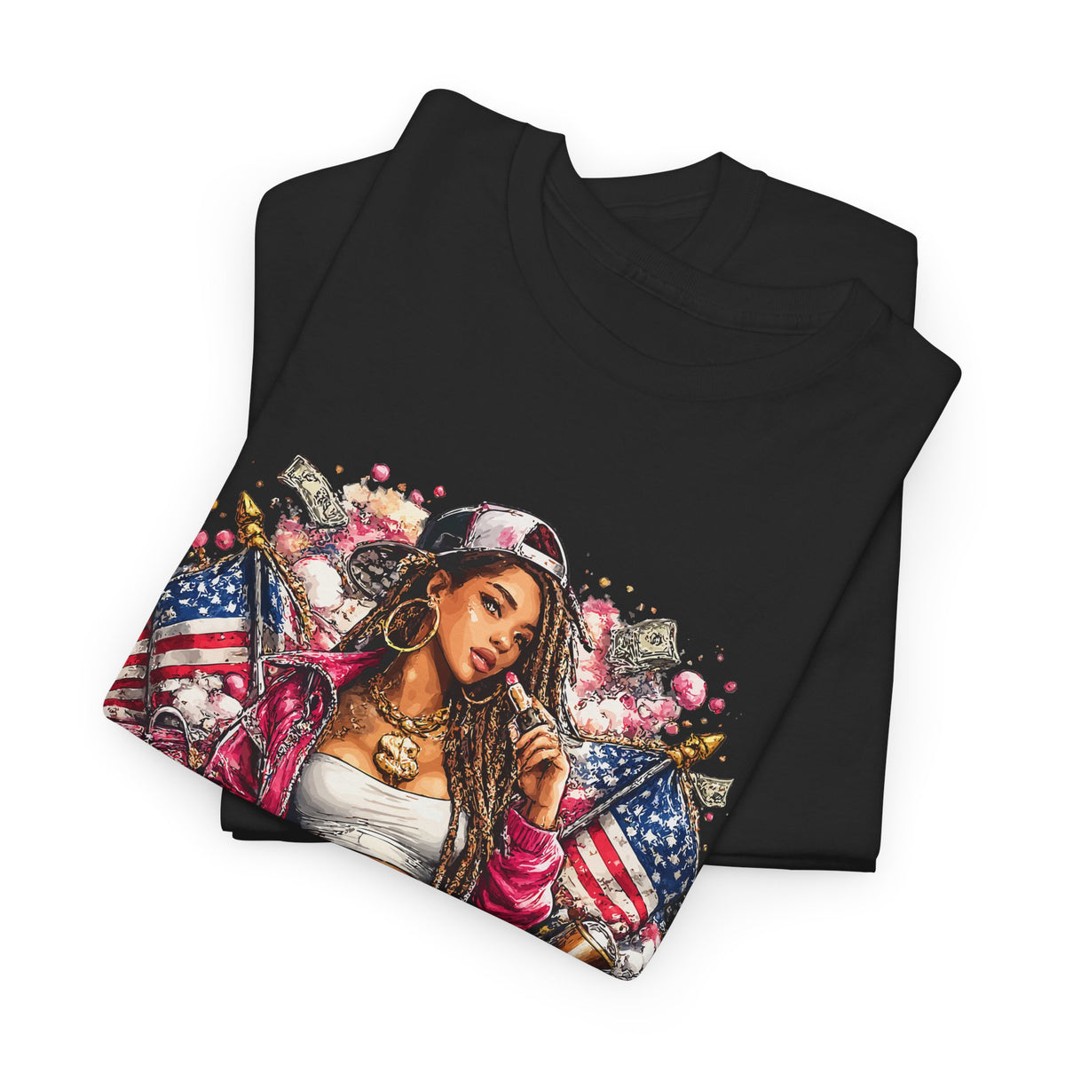 Streetwear Queen T-Shirt – Chicana Tattoo & American Flag Graphic Tee