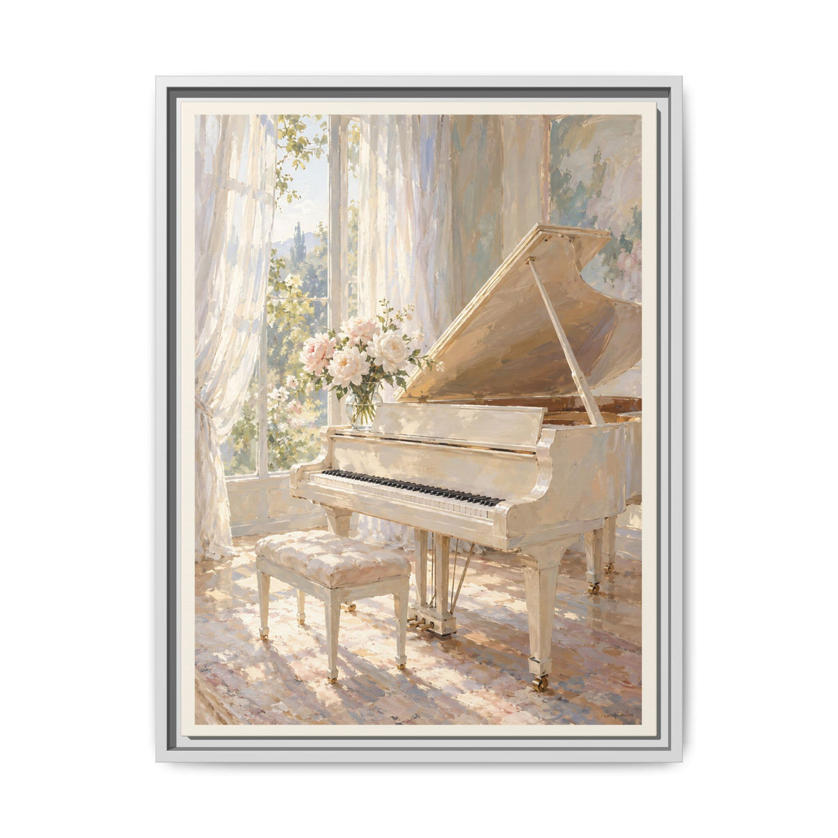 White Grand Piano Framed Canvas – Elegant Music Room Wall Art