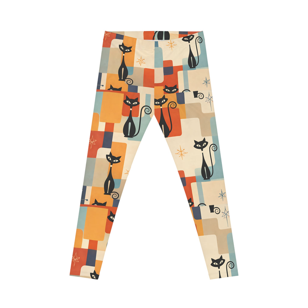 Retro Black Cat Leggings – Mid-Century Geometric Print