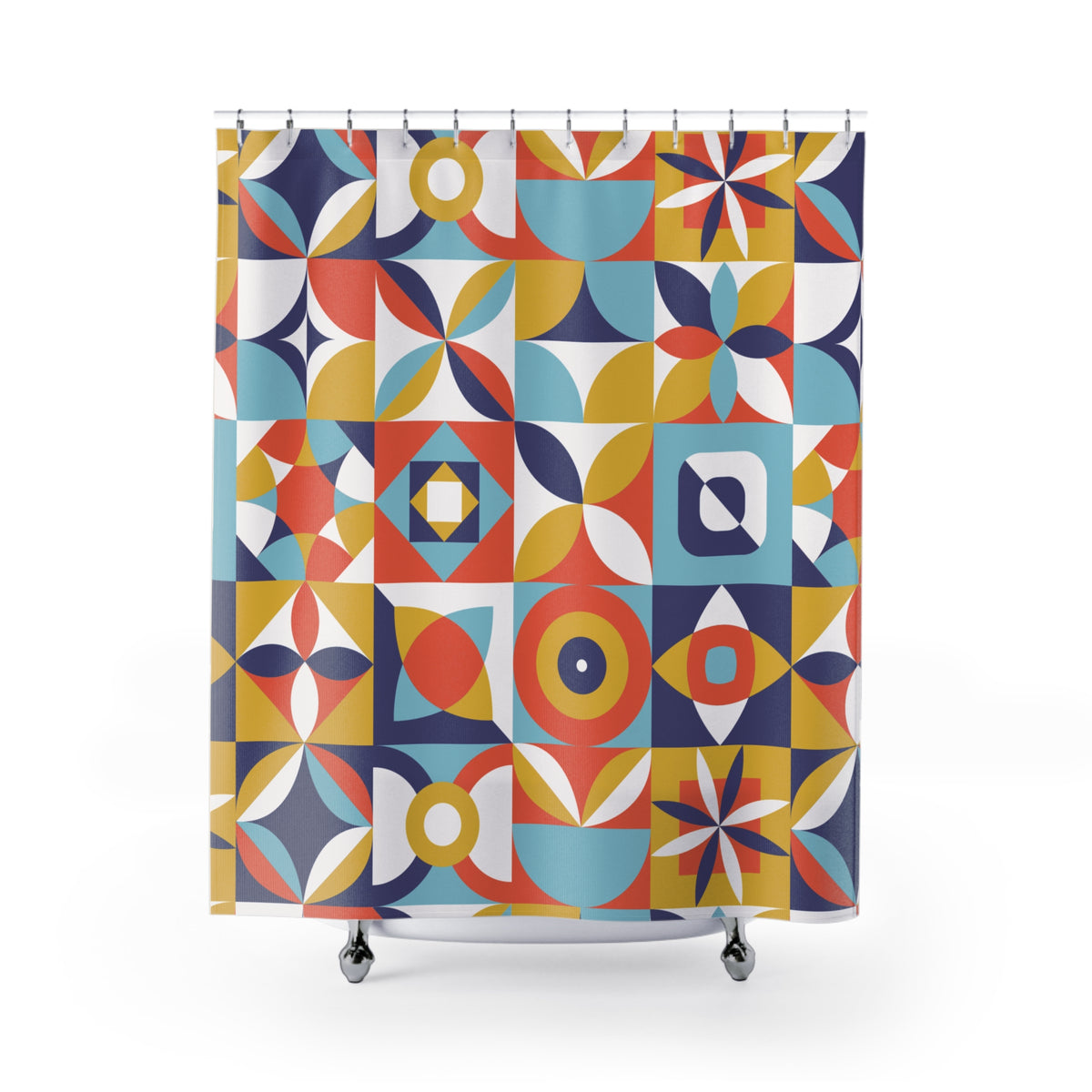 Mid Century Modern Shower Curtain | Colorful Retro Geometric Bathroom Decor | 70s Mod Bath Curtain