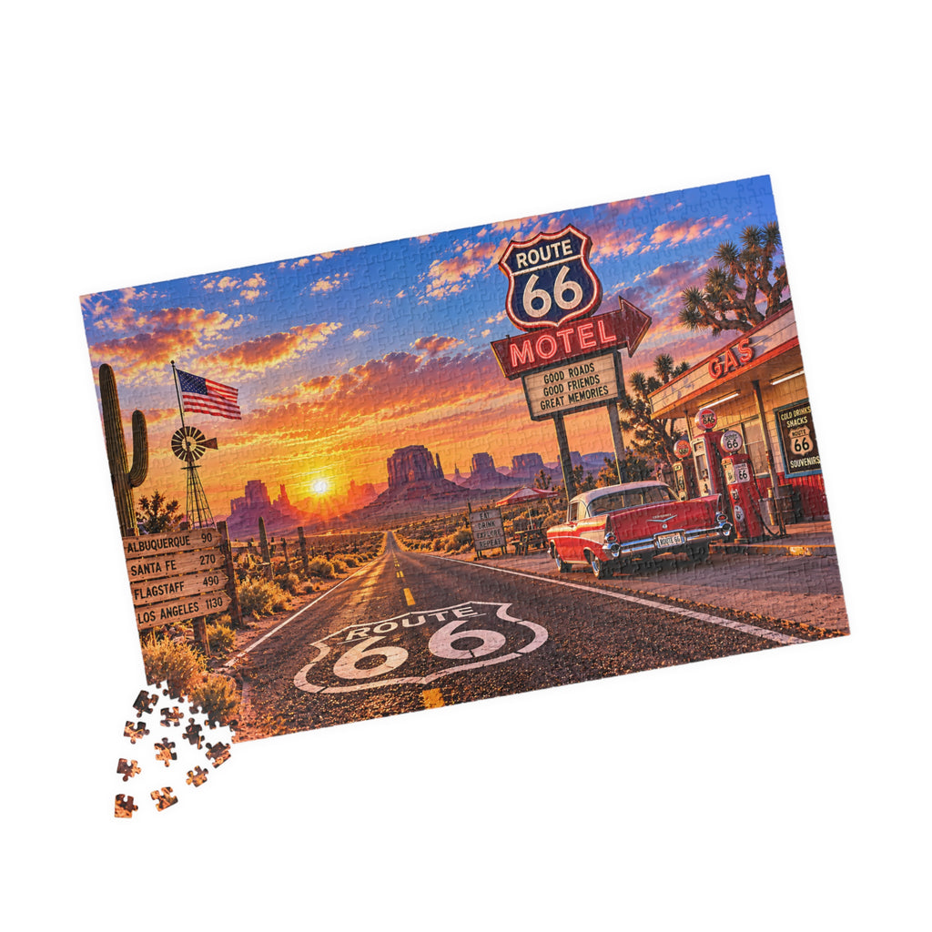 Route 66 Puzzle – Vintage American Road Trip Jigsaw Puzzle (110, 252, 520, 1014-piece)