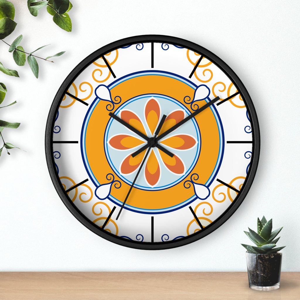 Mediterranean Tile Mandala Wall Clock | Orange Blue Floral Pattern