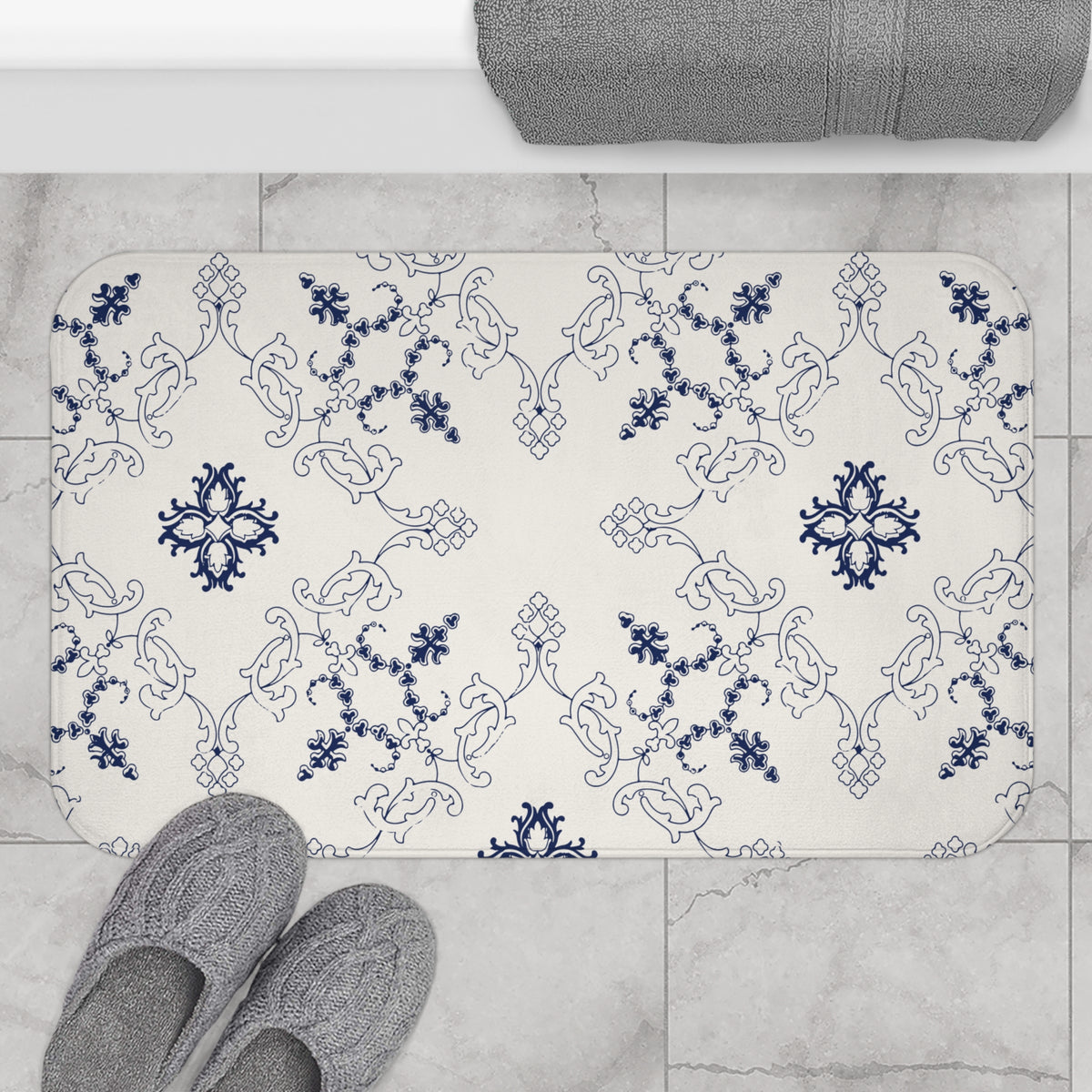 Blue Mediterranean Tile Bath Mat – Elegant Ornamental Bathroom Decor
