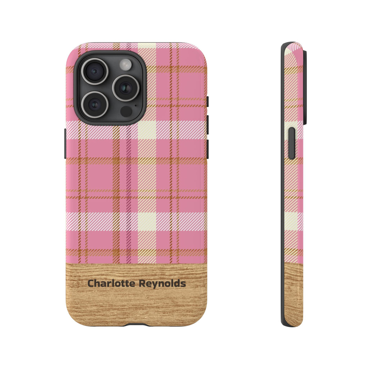 Personalized Pink Plaid Phone Case with Name – Wood Accent Tough Case