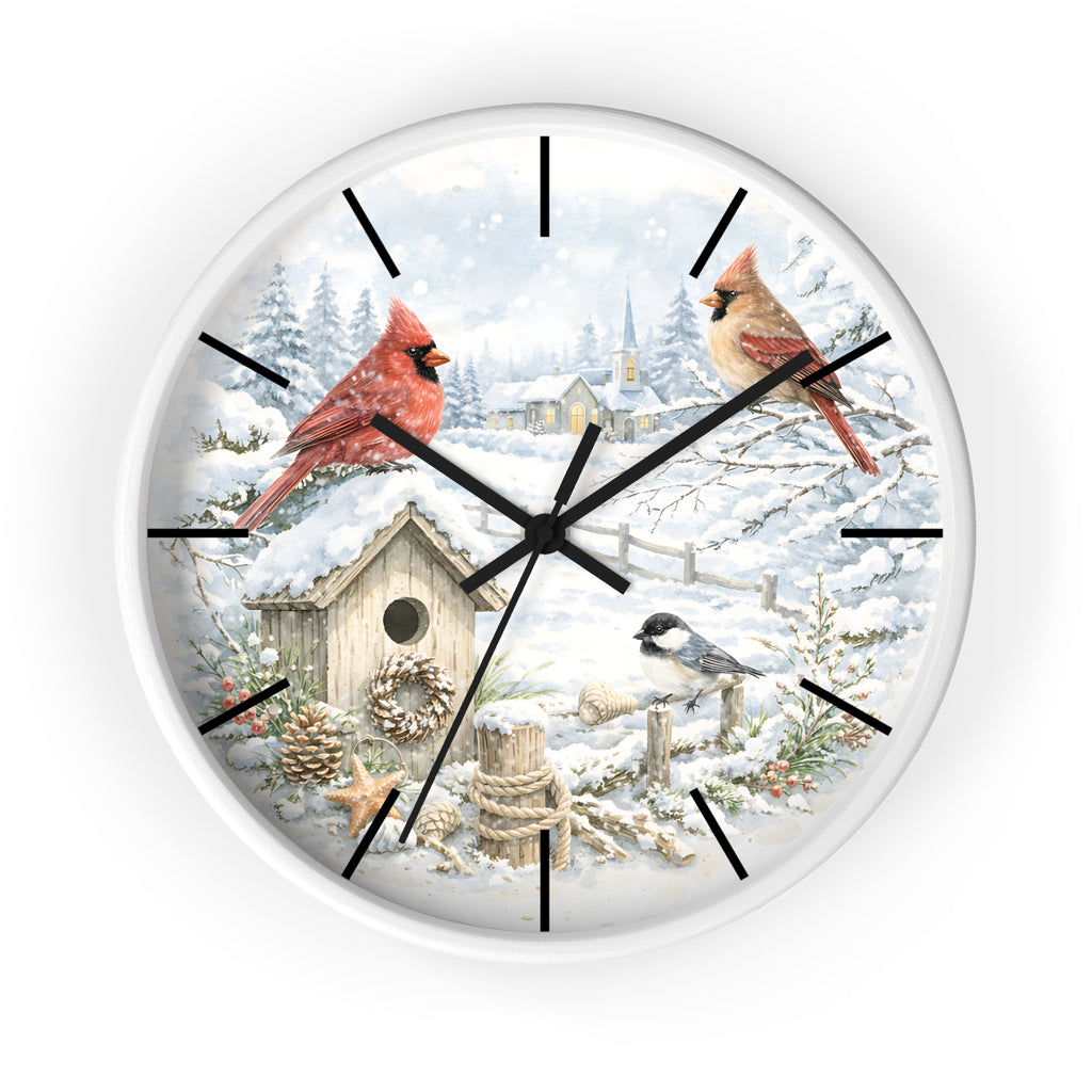 Cardinal Winter Scene Wall Clock | Snowy Birdhouse, Pinecones, Rustic Cabin