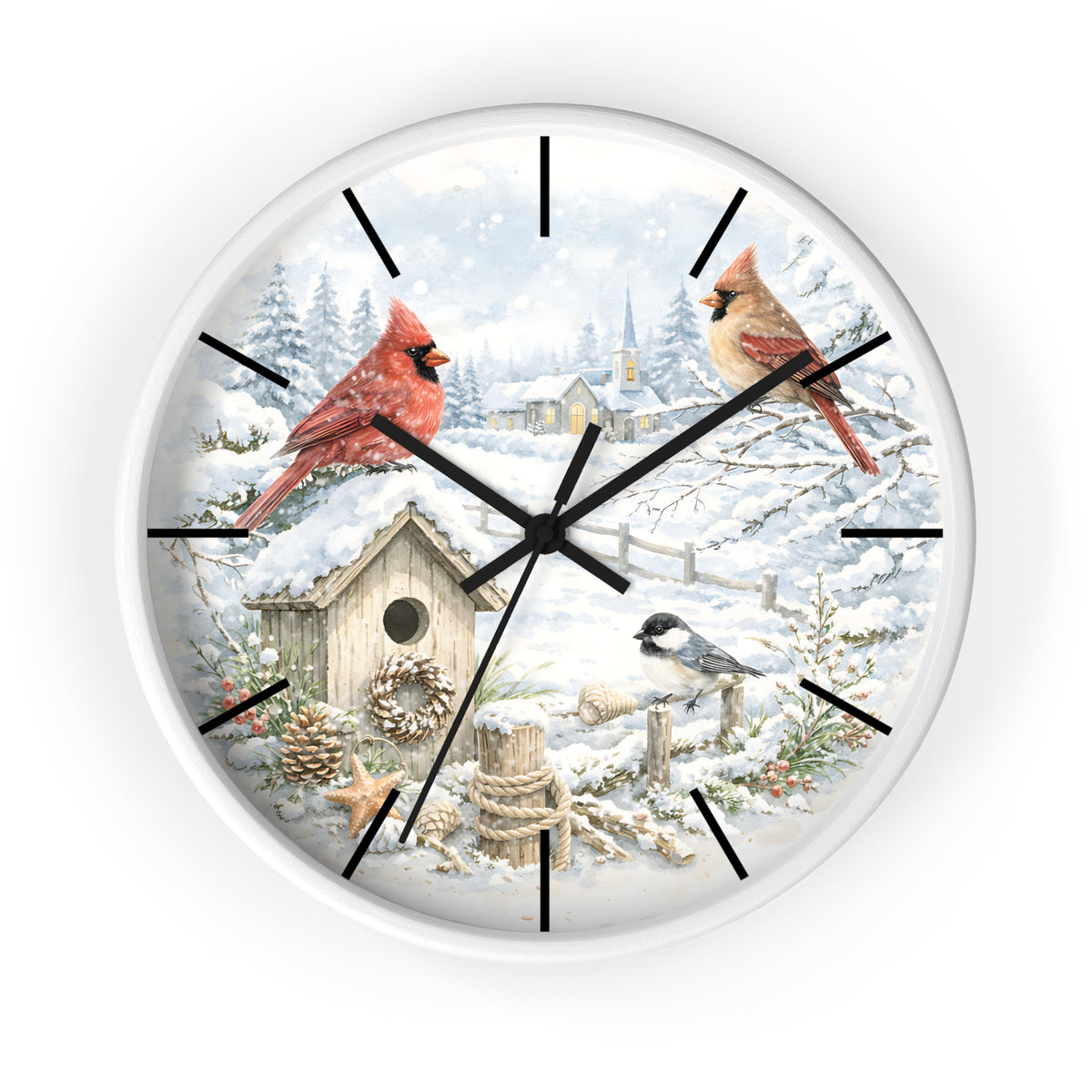 Cardinal Winter Scene Wall Clock | Snowy Birdhouse, Pinecones, Rustic Cabin