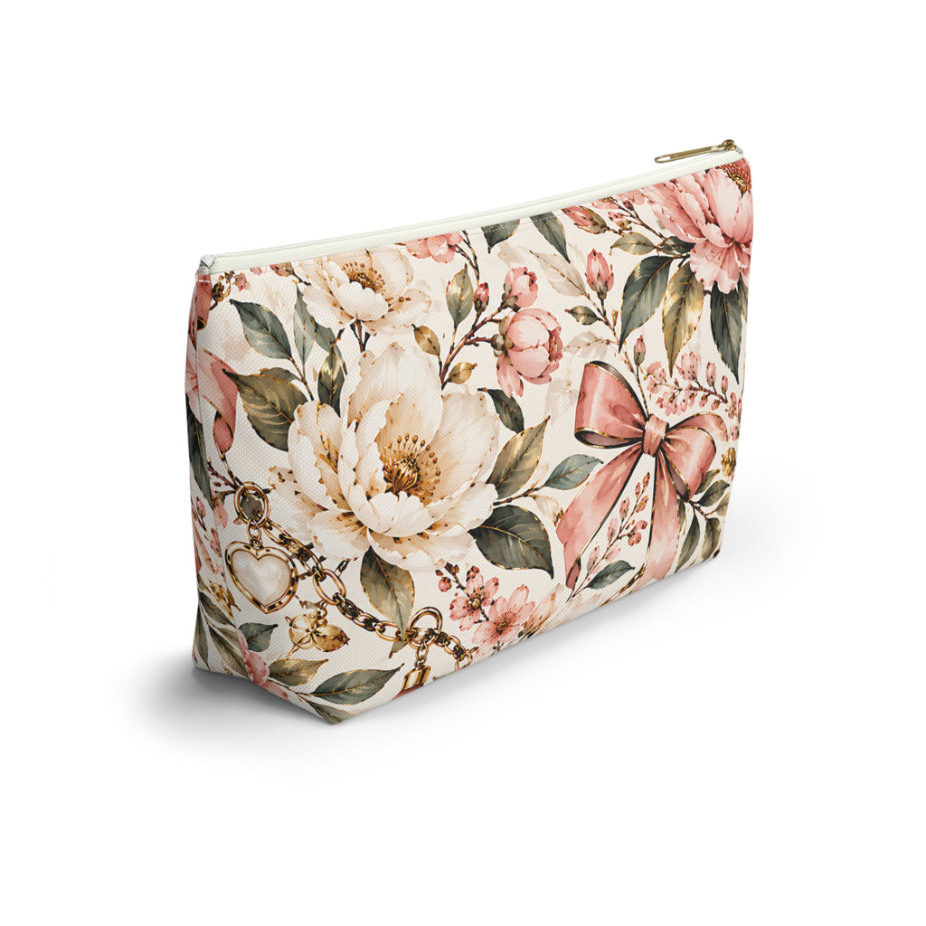 Blush Floral Pouch – Romantic Botanical Bow Print