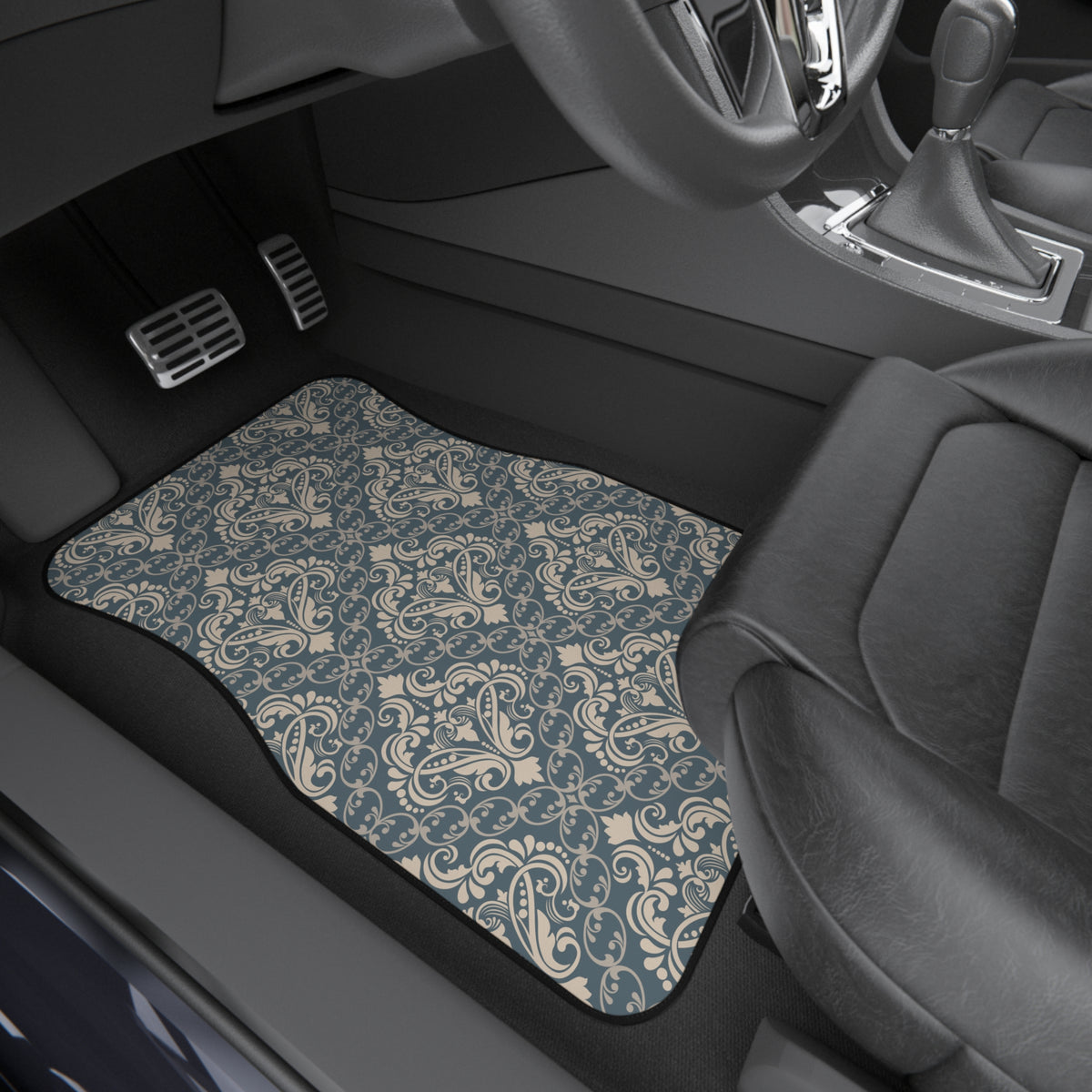 Blue Gray Damask Car Floor Mats – Elegant 4-Piece Set