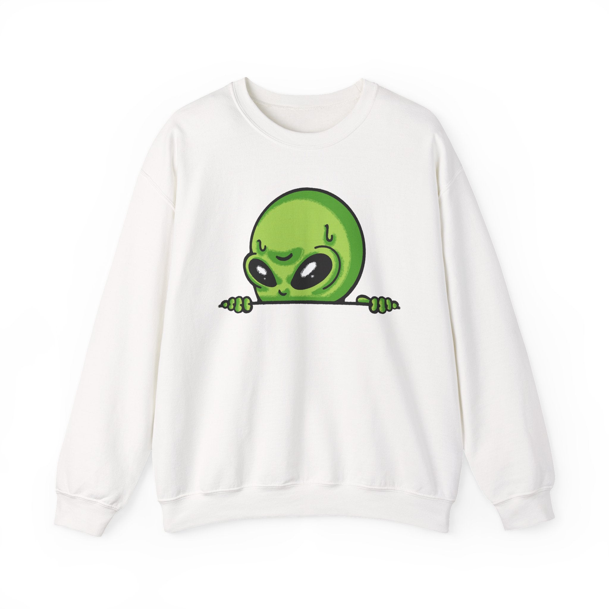 Alien Peeking Crewneck Sweatshirt — Cute Green Alien Graphic