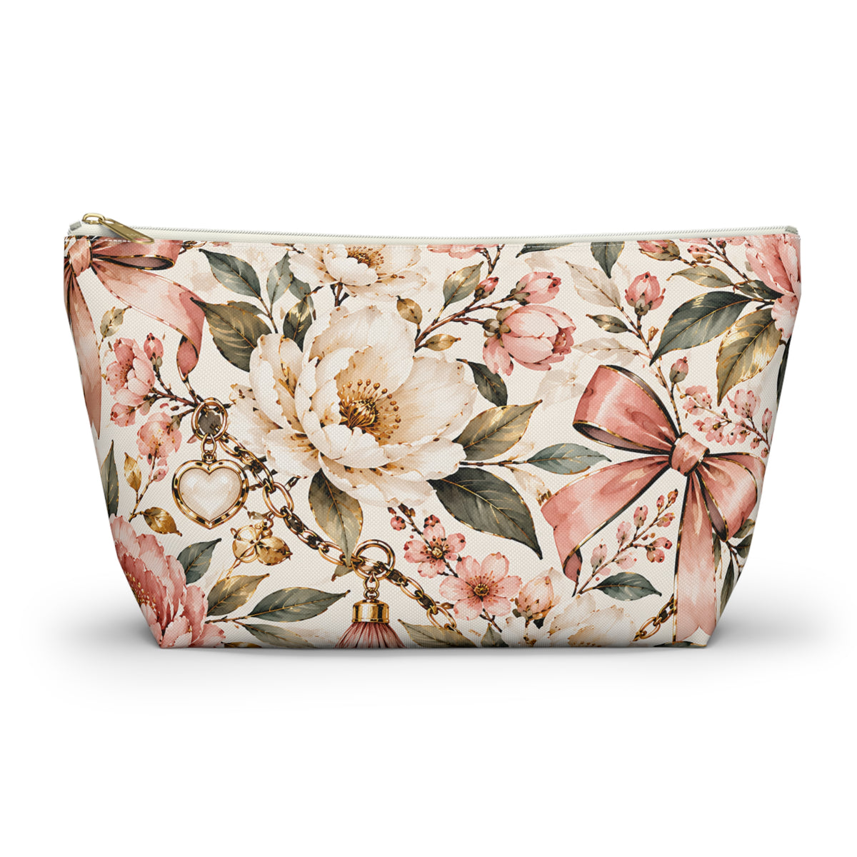 Blush Floral Pouch – Romantic Botanical Bow Print