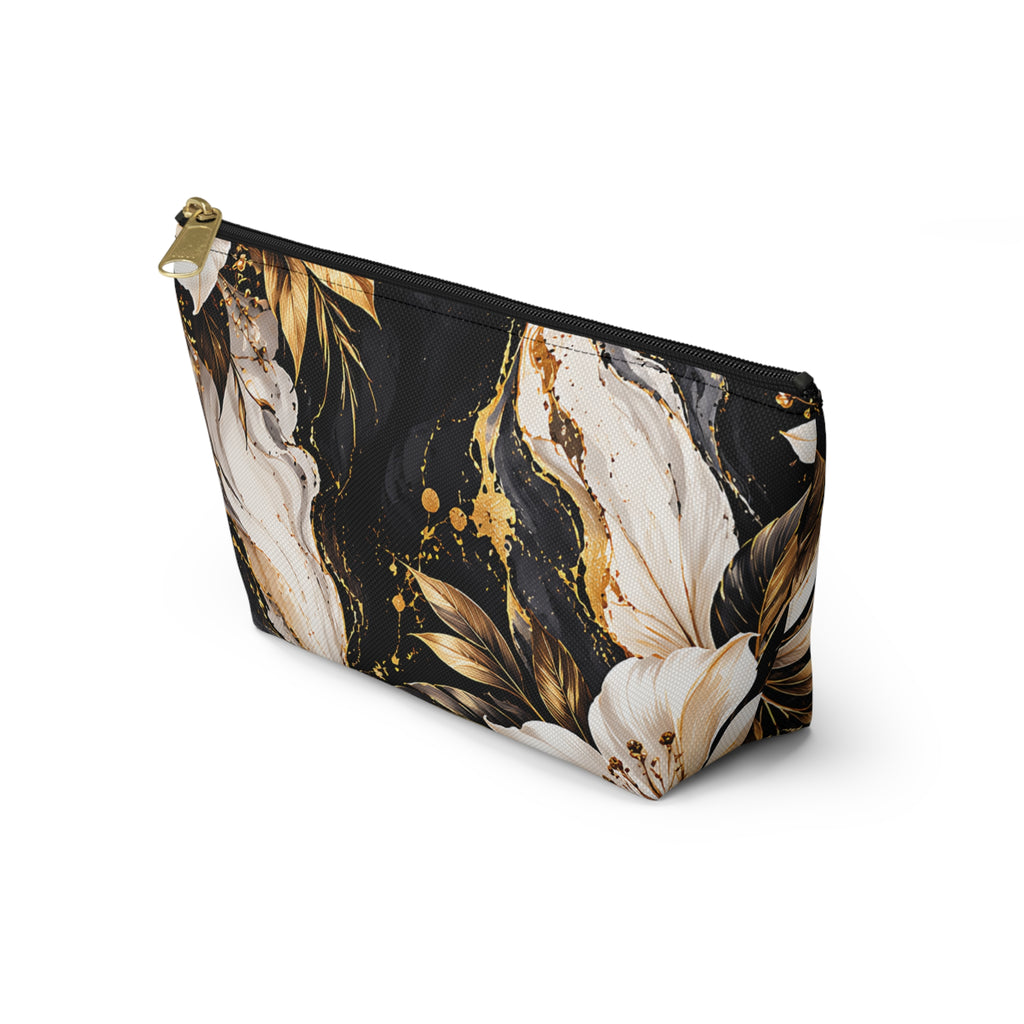 Black & Gold Floral Pouch – Luxury Marble Botanical Print