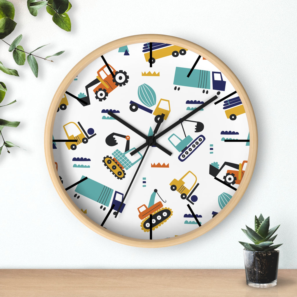 Construction Vehicles Wall Clock | Kids Diggers Excavator Pattern