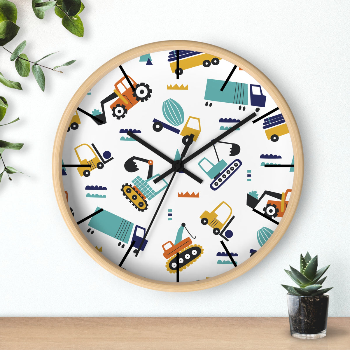 Construction Vehicles Wall Clock | Kids Diggers Excavator Pattern