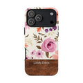 Personalized Floral Phone Case with Name – Pink Rose Wood Accent Tough Case
