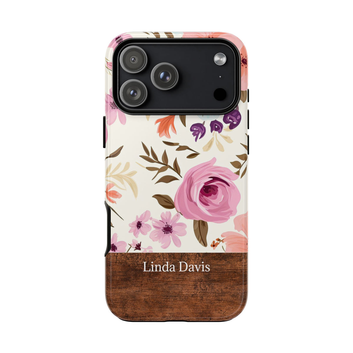 Personalized Floral Phone Case with Name – Pink Rose Wood Accent Tough Case
