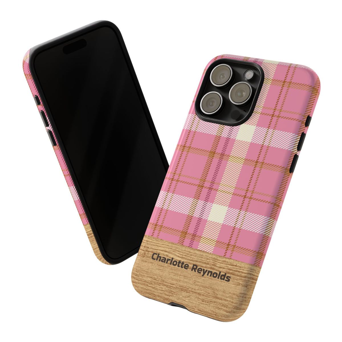 Personalized Pink Plaid Phone Case with Name – Wood Accent Tough Case