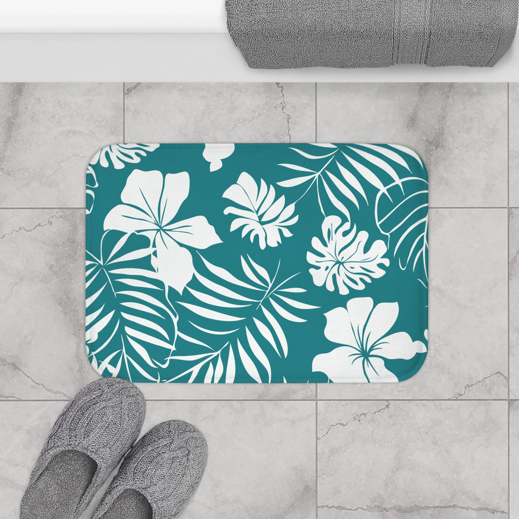 Tropical Floral Bath Mat – Teal Botanical Bathroom Decor