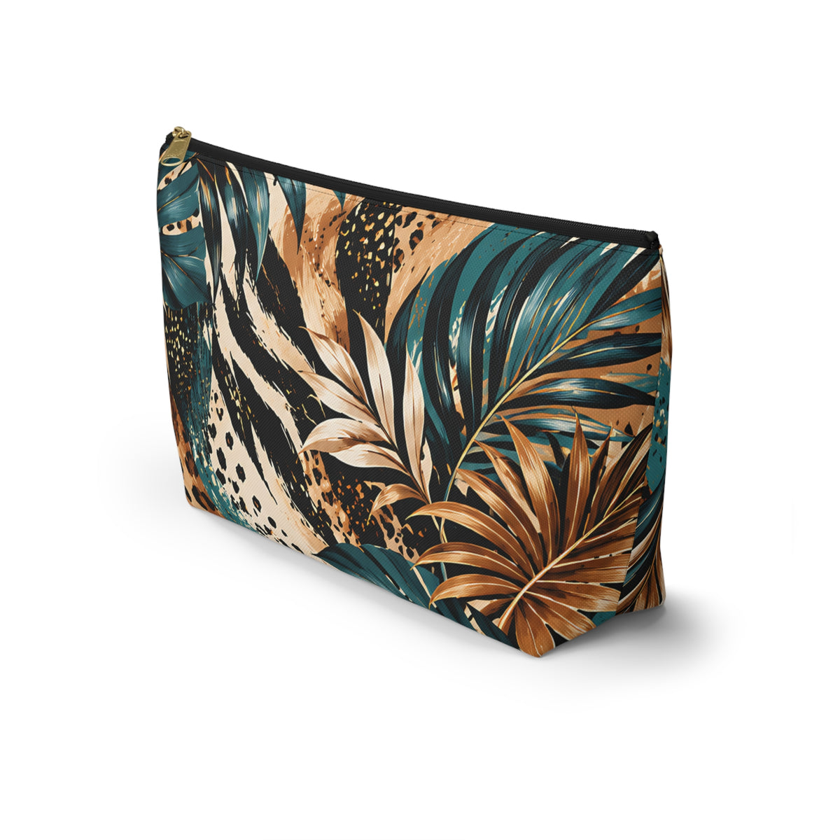 Tropical Botanical Pouch – Teal & Gold Leaf Print