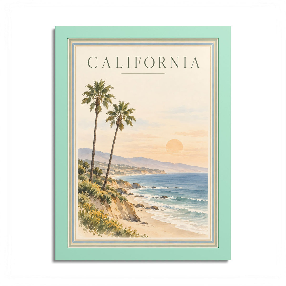 California Coastal Sunset Vintage Framed Poster – Mint Green Frame
