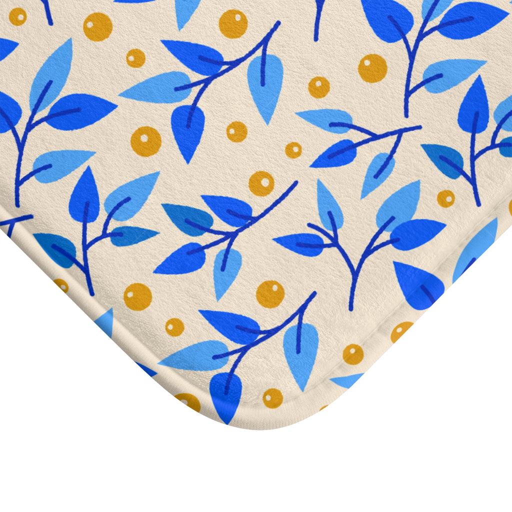Blue Citrus Leaf Bath Mat – Blue & Yellow Botanical Bathroom Decor