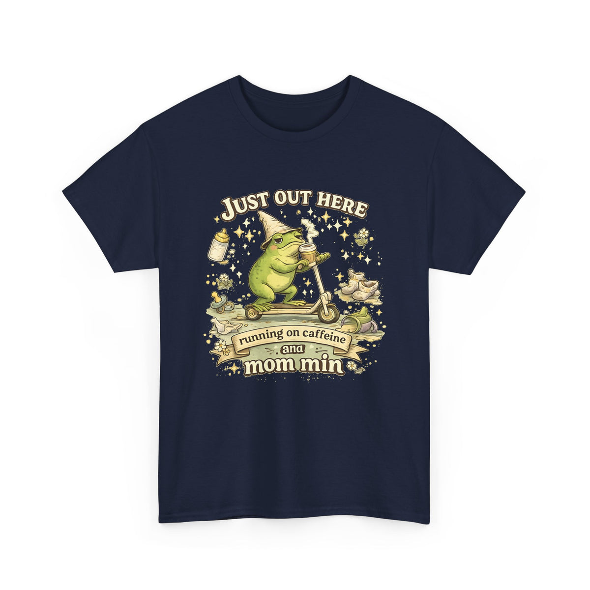 “Running on Caffeine & Mommin’” T-Shirt – Funny Mom Coffee & Frog Graphic Tee