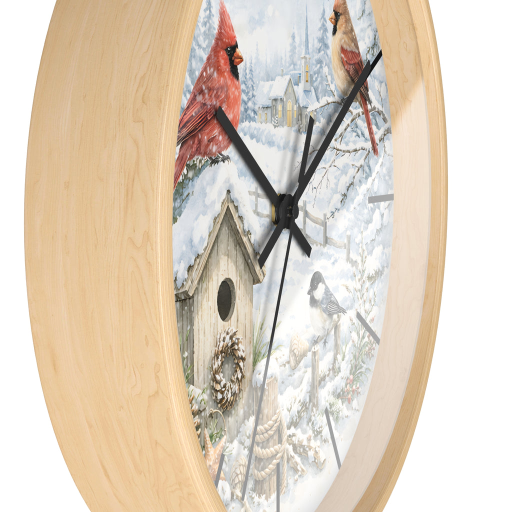 Cardinal Winter Scene Wall Clock | Snowy Birdhouse, Pinecones, Rustic Cabin