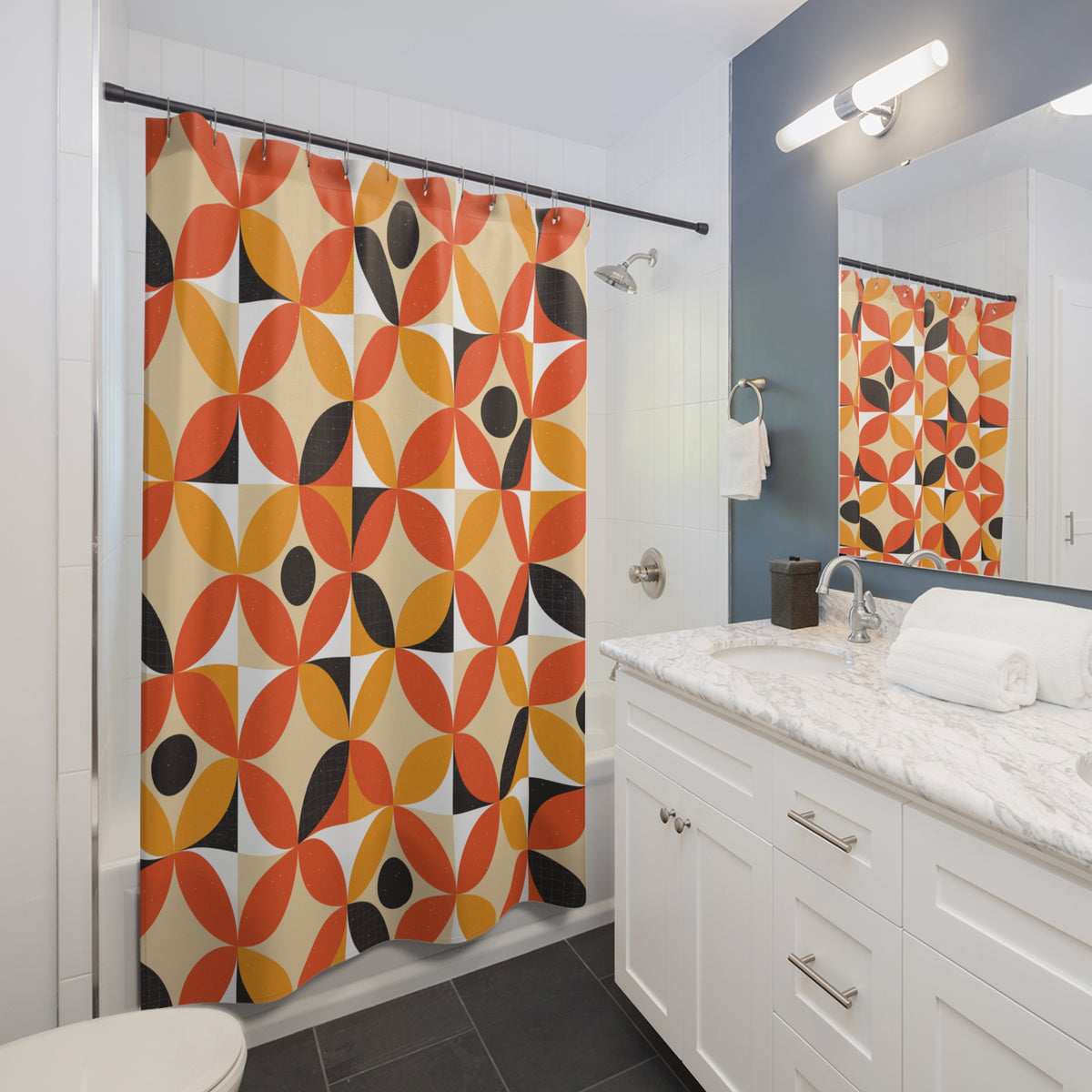 Mid Century Modern Shower Curtain | Retro Geometric Bathroom Decor | Orange Mustard 70s Pattern Bath Curtain