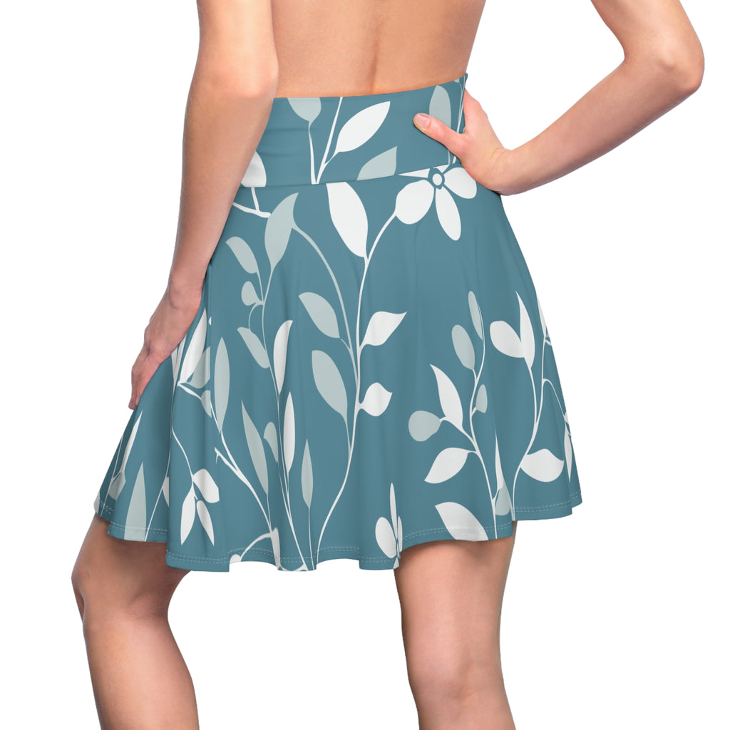 Blue Botanical Skater Skirt – Elegant Leaf Pattern