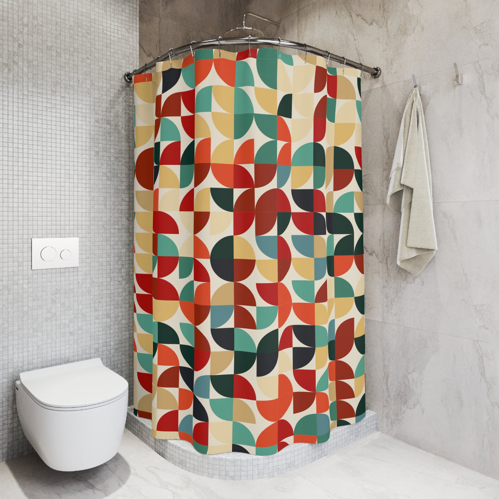 Mid Century Modern Shower Curtain | Retro Abstract Geometric Bathroom Decor | Colorful 70s Bath Curtain