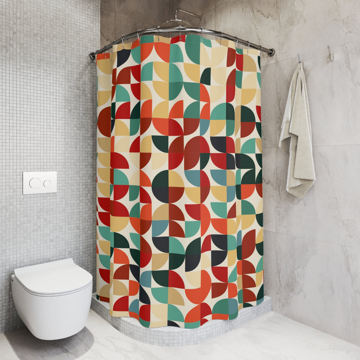 Mid Century Modern Shower Curtain | Retro Abstract Geometric Bathroom Decor | Colorful 70s Bath Curtain