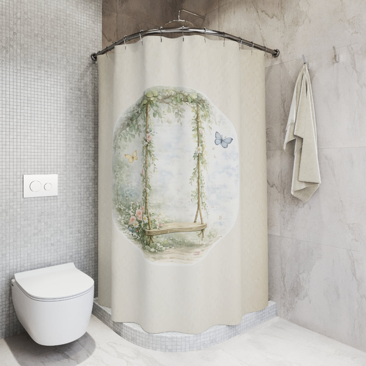Vintage Floral Shower Curtain | Cottagecore Bathroom Decor | Romantic Garden Swing Bath Curtain