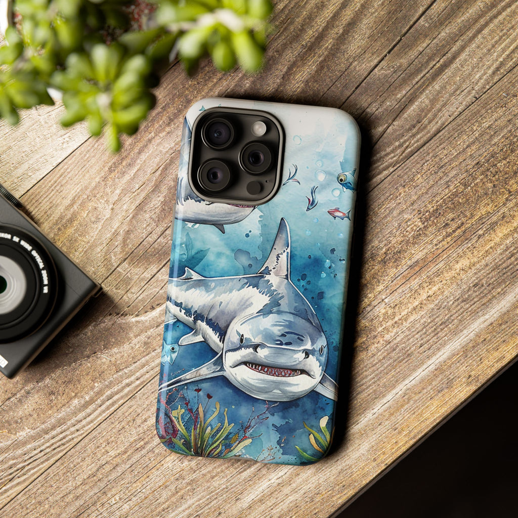Great White Shark Tough Phone Case – Watercolor Ocean Design