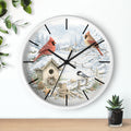 Cardinal Winter Scene Wall Clock | Snowy Birdhouse, Pinecones, Rustic Cabin