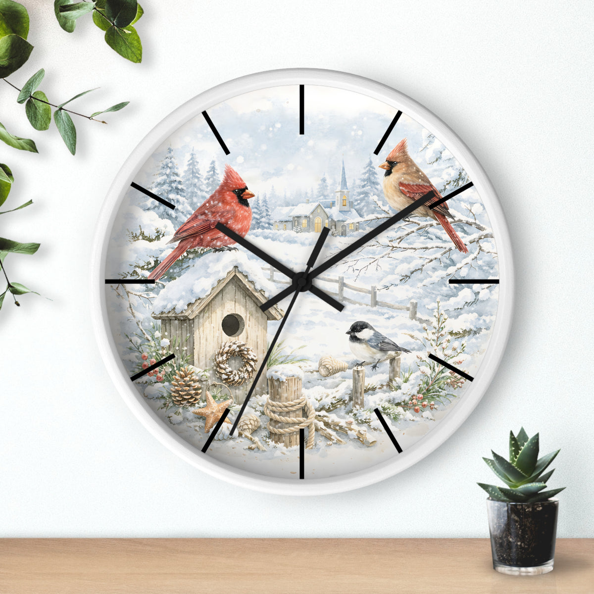 Cardinal Winter Scene Wall Clock | Snowy Birdhouse, Pinecones, Rustic Cabin