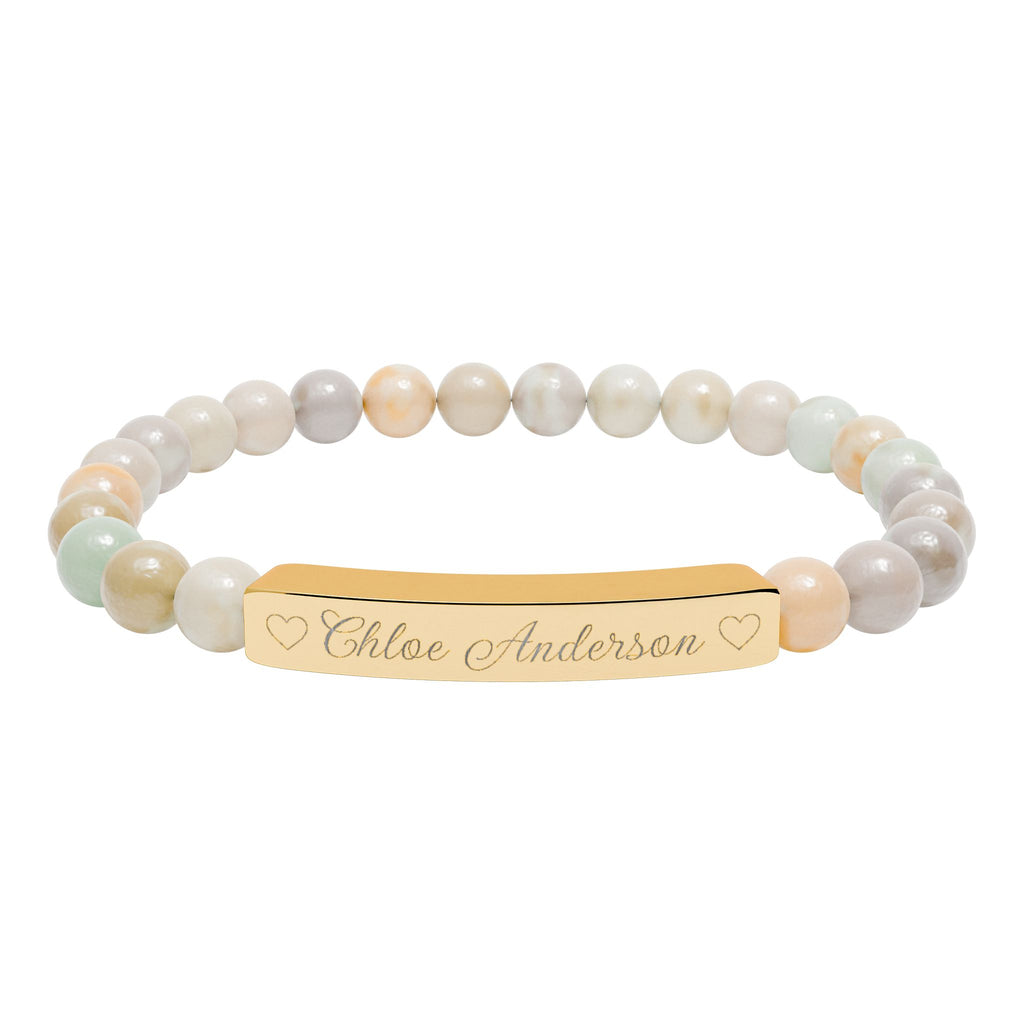 Personalized Natural Stone Bracelet – Custom Name & Hearts