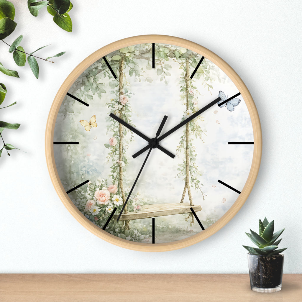 Floral Swing Illustration Wall Clock | Vintage Garden, Butterflies