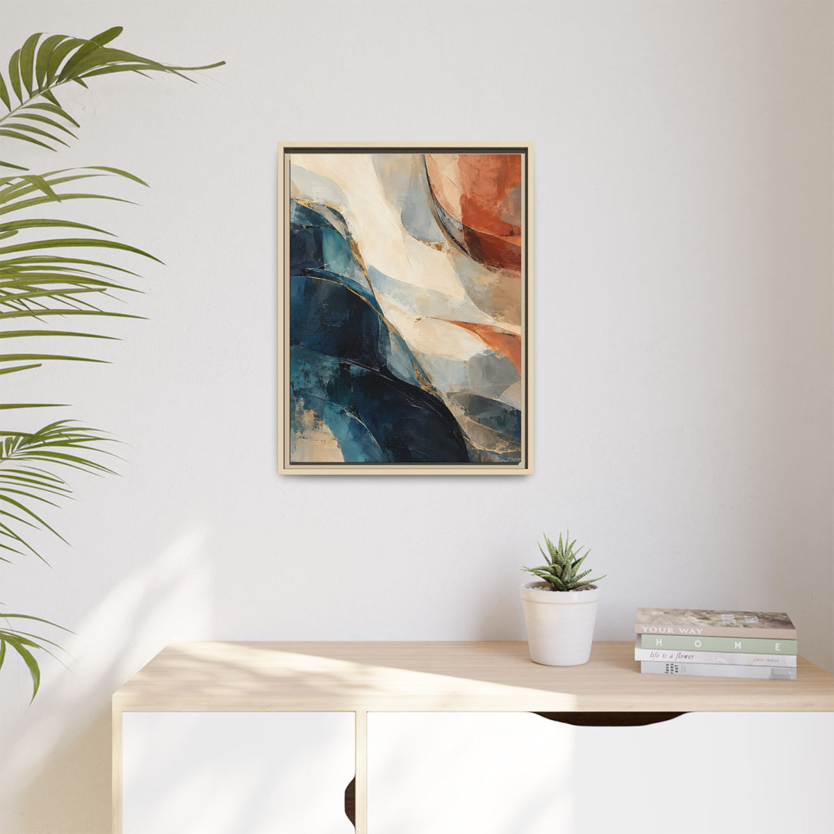 Abstract Blue & Terracotta Framed Canvas – Modern Wall Art