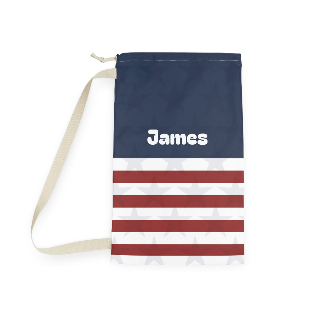 Personalized Stars Stripes Laundry Bag | Navy Red White Stripe Pocket