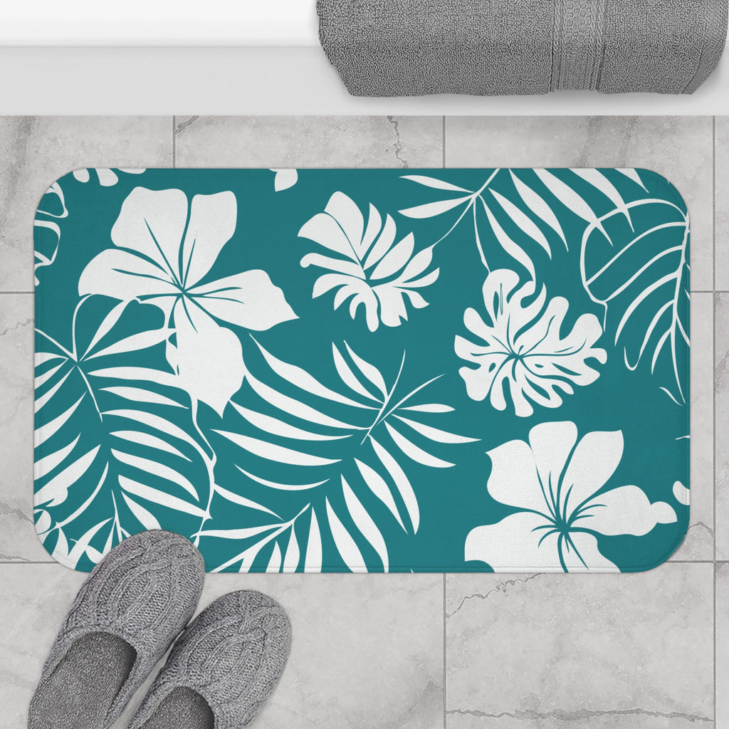 Tropical Floral Bath Mat – Teal Botanical Bathroom Decor