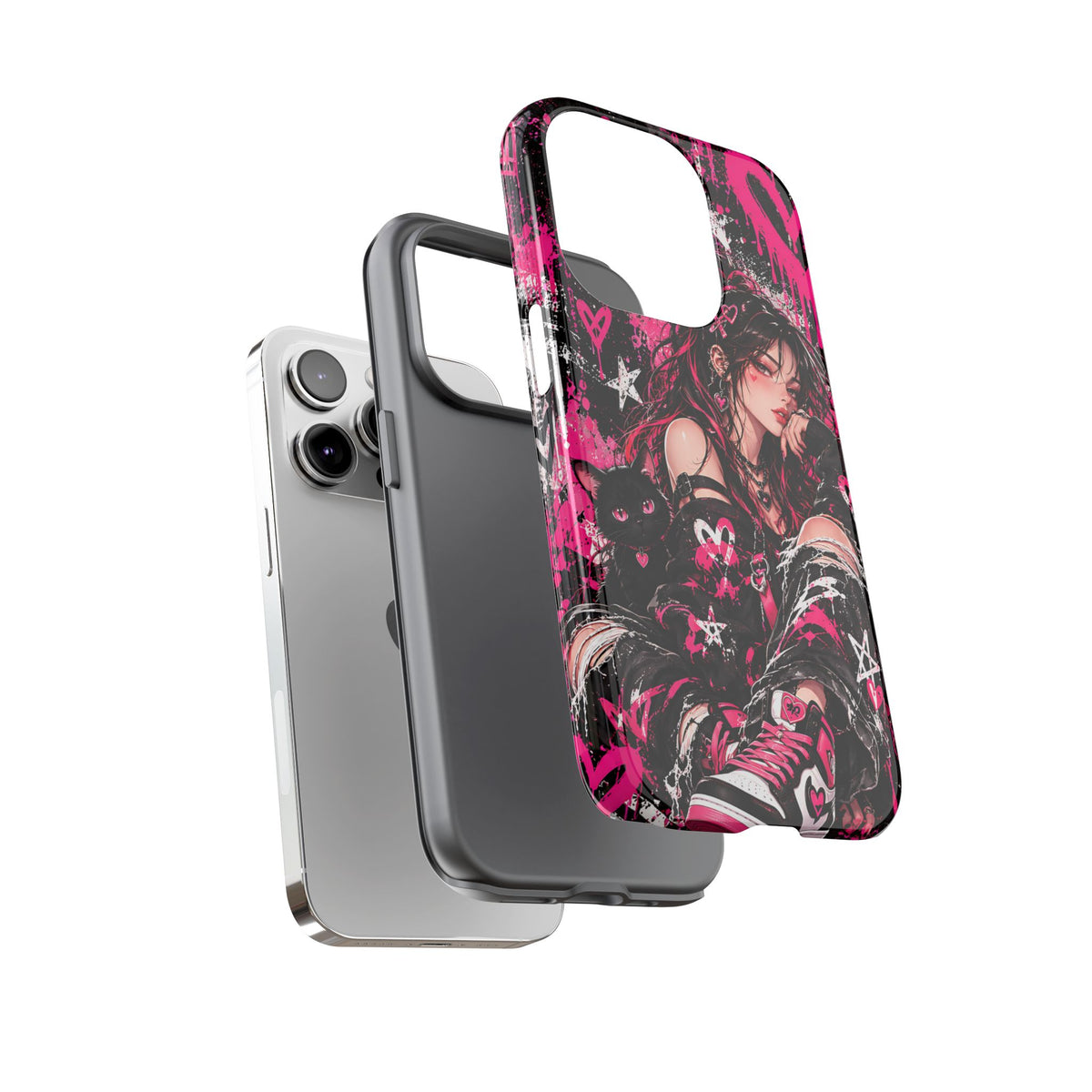 Gothic Anime Girl & Black Cat Phone Case – Pink Grunge Tough Case