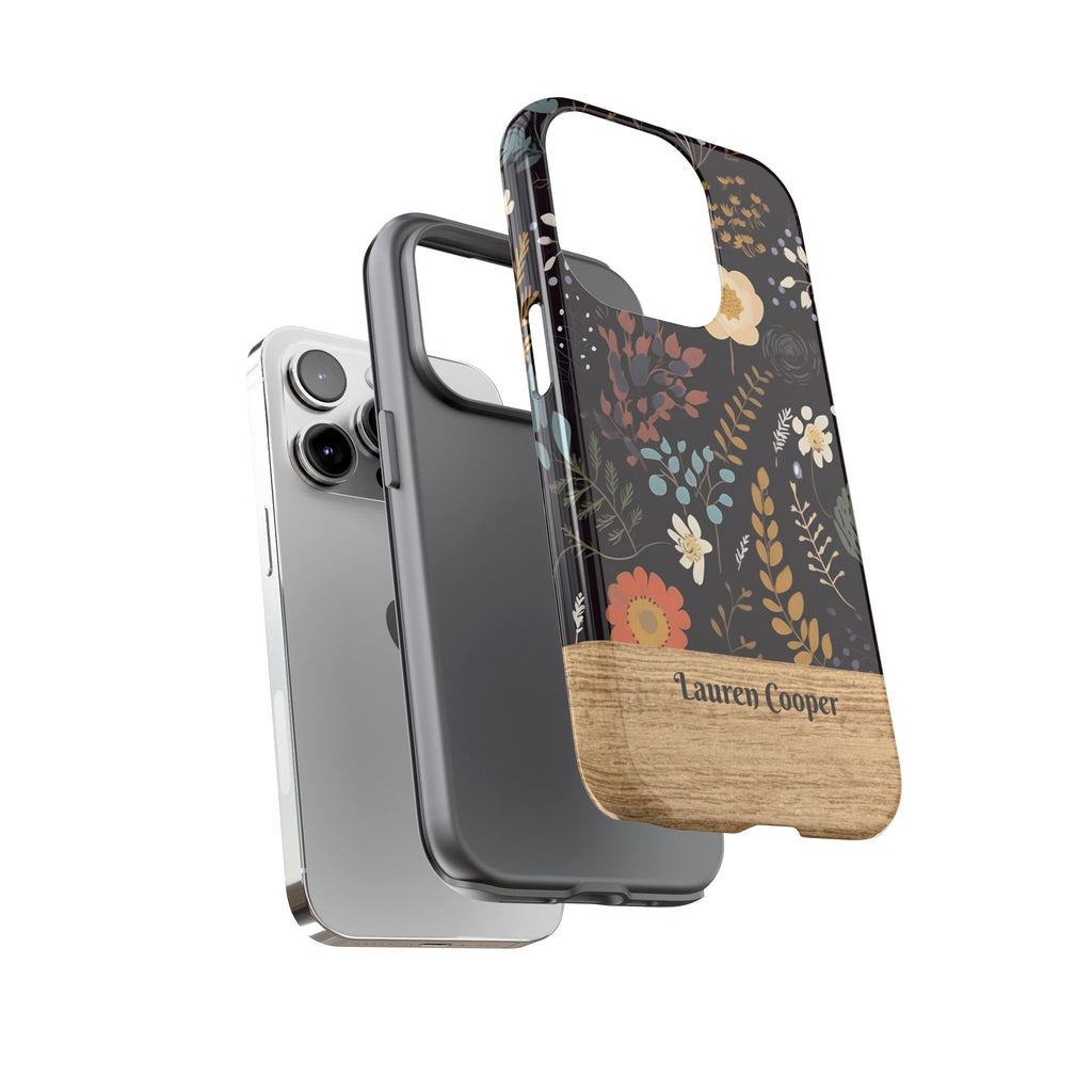 Personalized Dark Floral Phone Case with Name – Wood Accent Tough Case