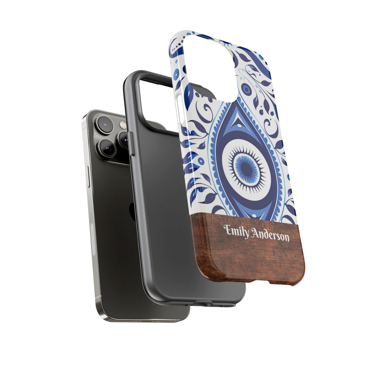 Personalized Blue Tile Phone Case with Name – Mediterranean Floral Design
