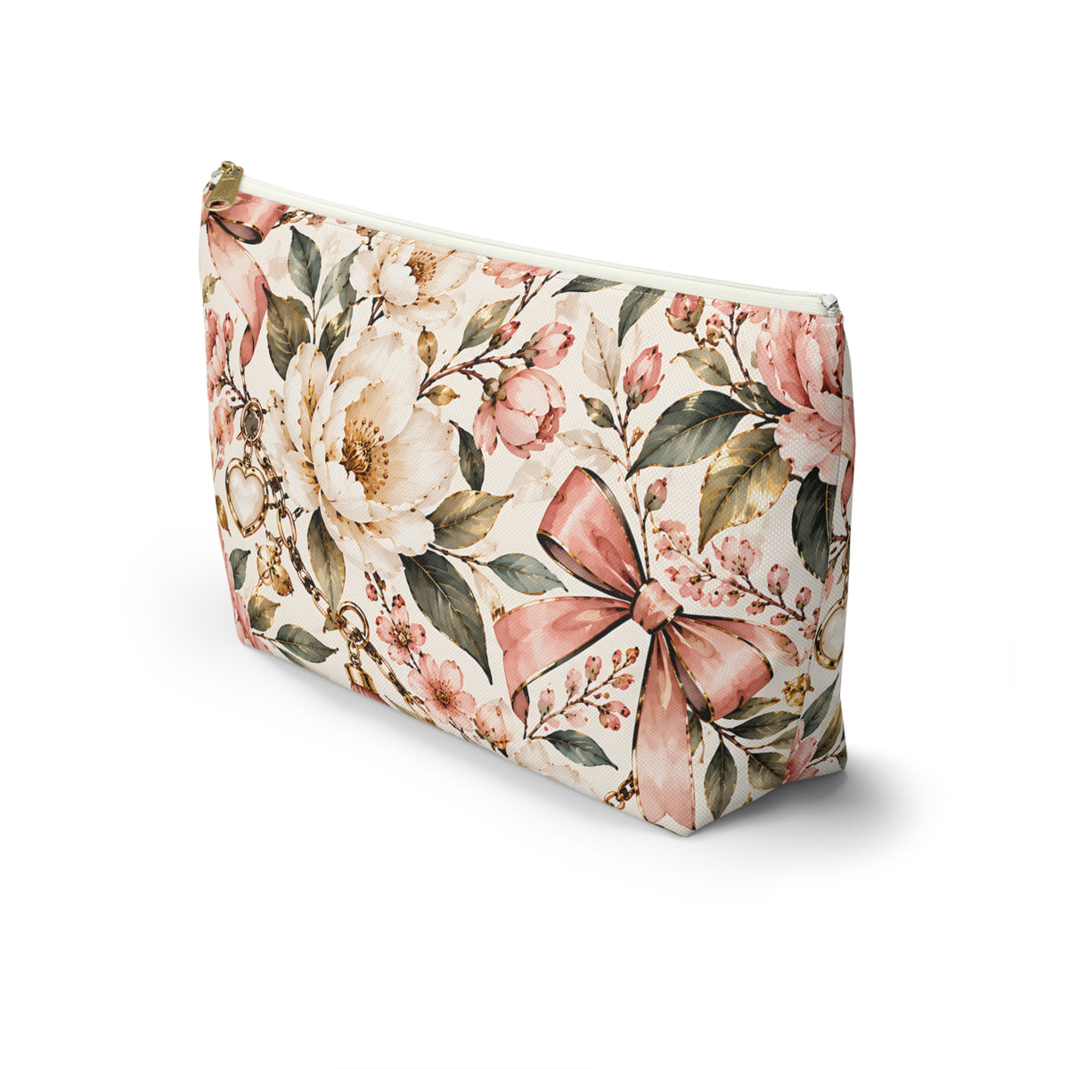 Blush Floral Pouch – Romantic Botanical Bow Print