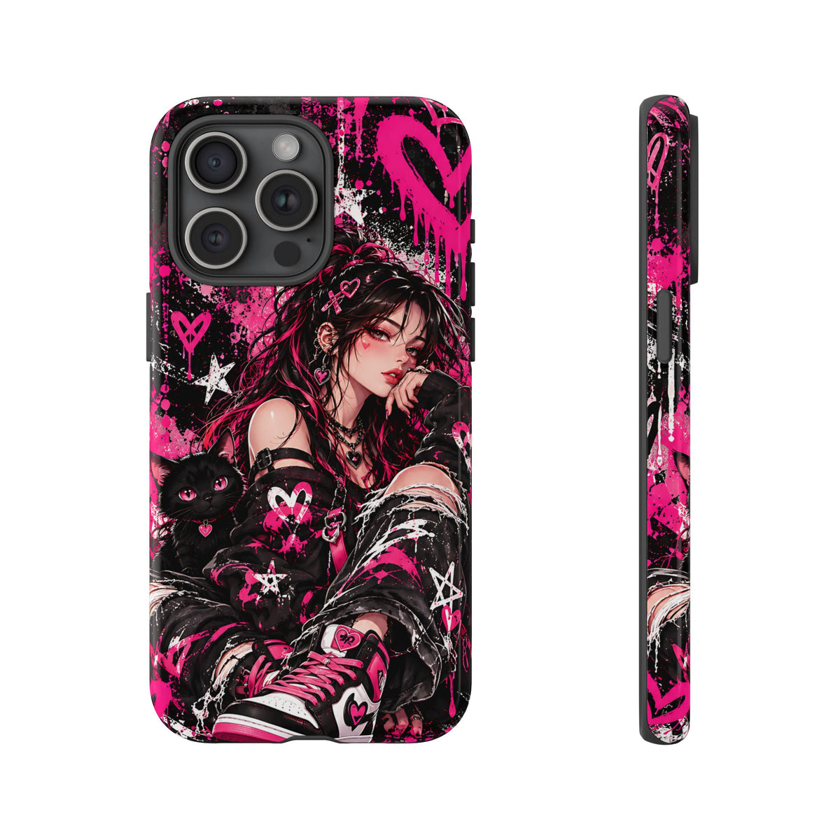 Gothic Anime Girl & Black Cat Phone Case – Pink Grunge Tough Case