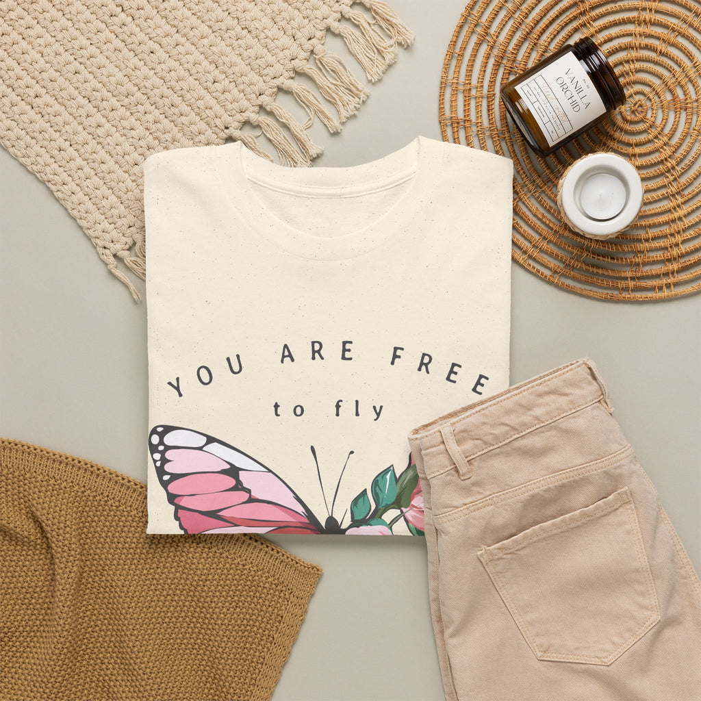“You Are Free to Fly” Butterfly T-Shirt – Floral Inspirational Graphic Tee